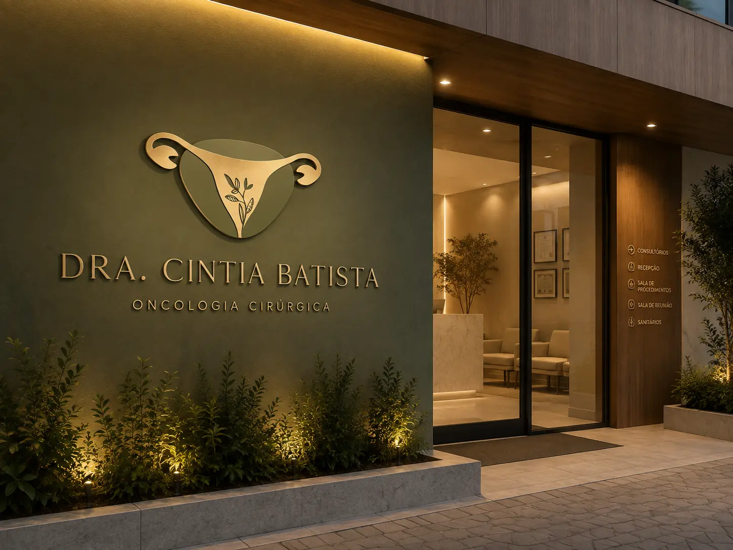 Identidade visual Dra. Cintia Batista aplicada na fachada do consultório